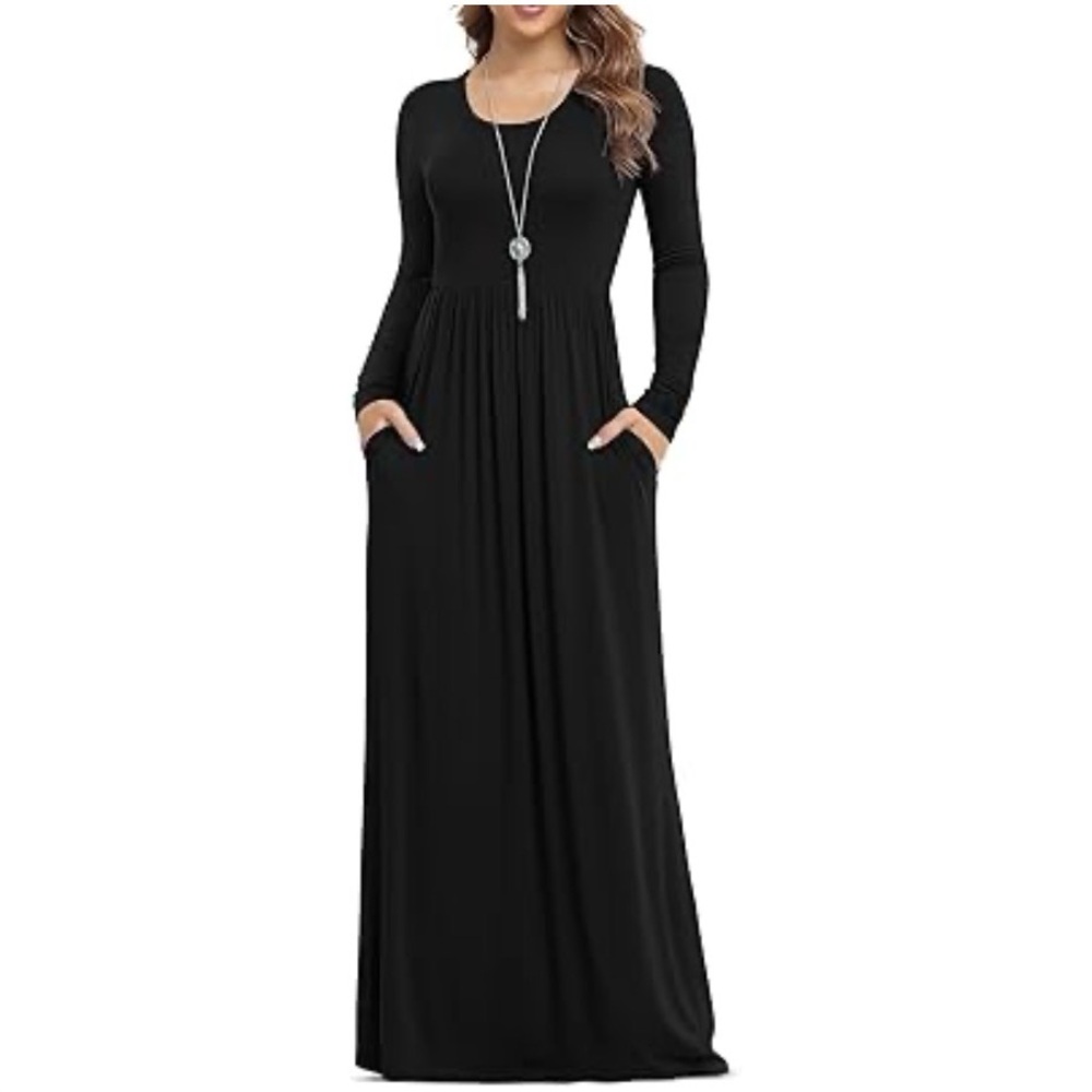 Viishow Small‎ Black Long Sleeve Empire Waist Round Neck Maxi Dress With Pockets